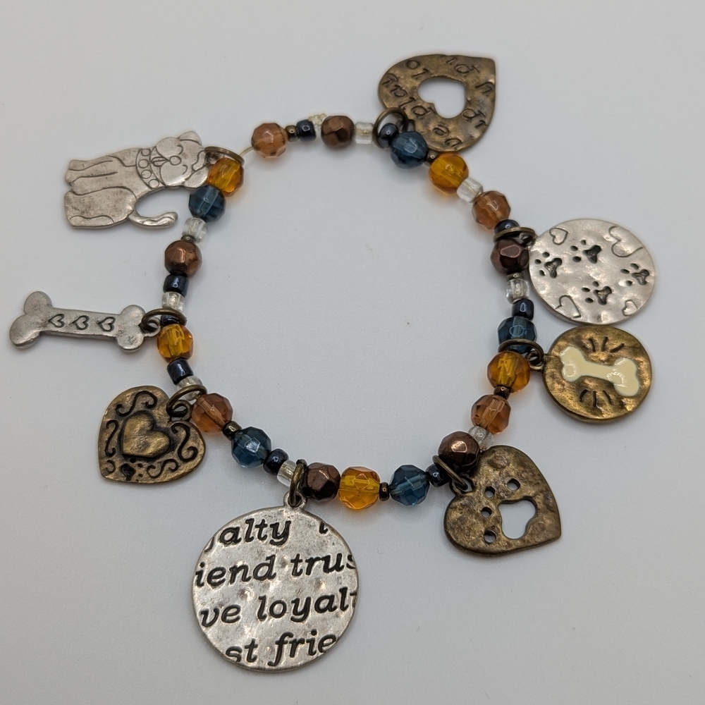 Dog & Bone Charm Blue/Amber Glass Bead Stretch Bracelet 6.5" Dog Lovers